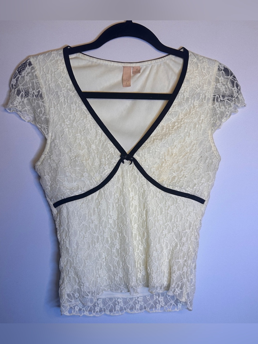 White Lace Top S Sheer Feminine Black Trim Stretch
